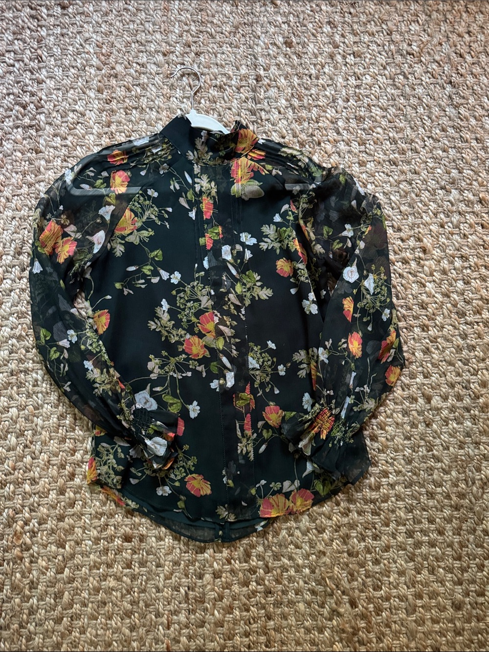 Ralph Lauren Forrest Green Sheer Sleeved Floral  Blouse
